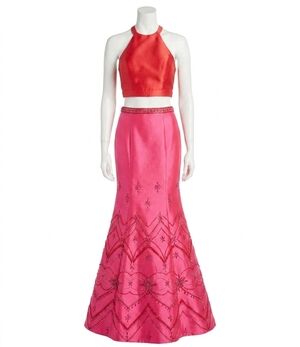 NEW RACHEL ALLAN two-piece mikado mermaid prom gown in red/fuchsia